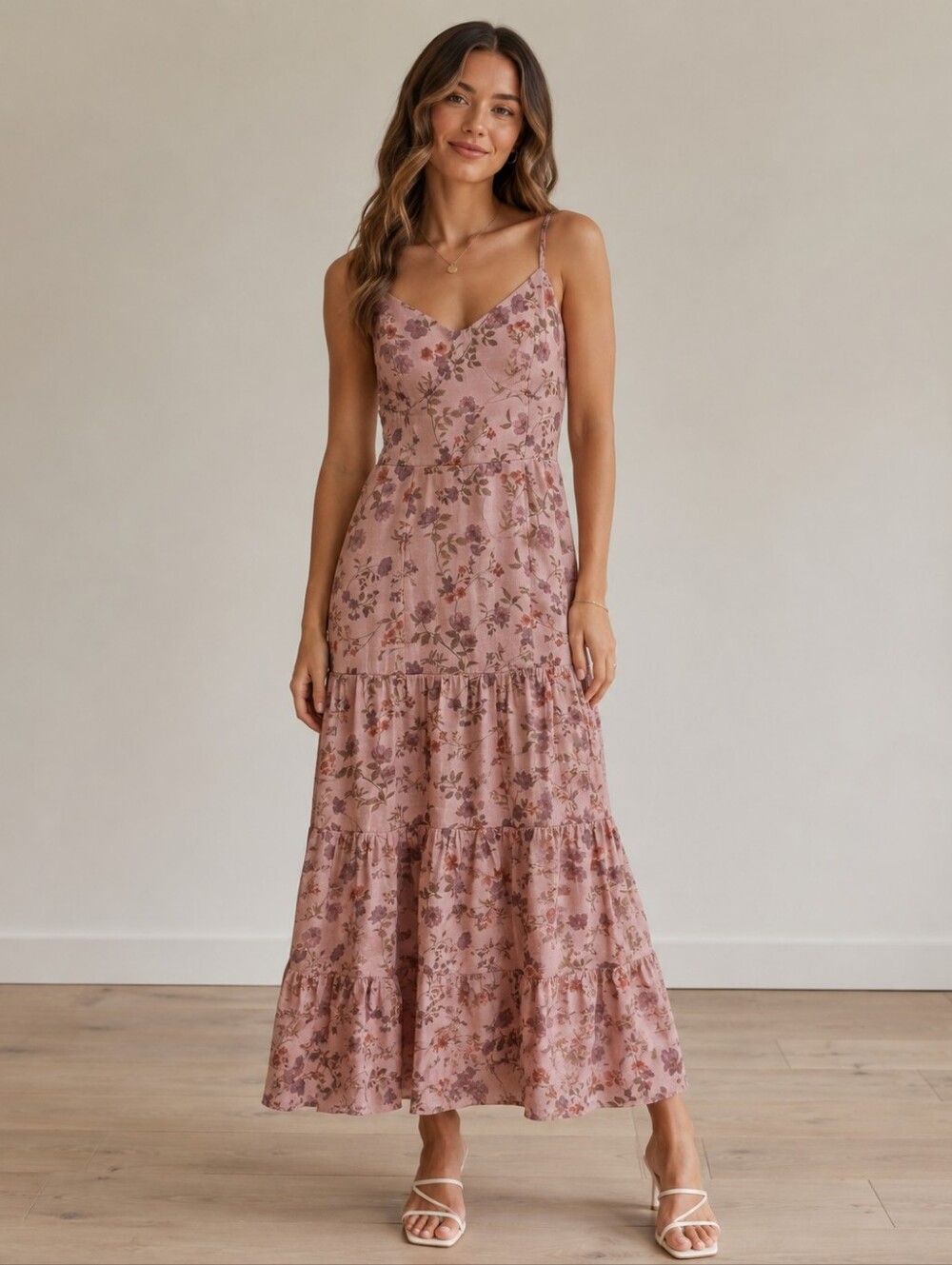 Pink Floral Tiered Spaghetti-Strap  Smocked Back Dress Size Small